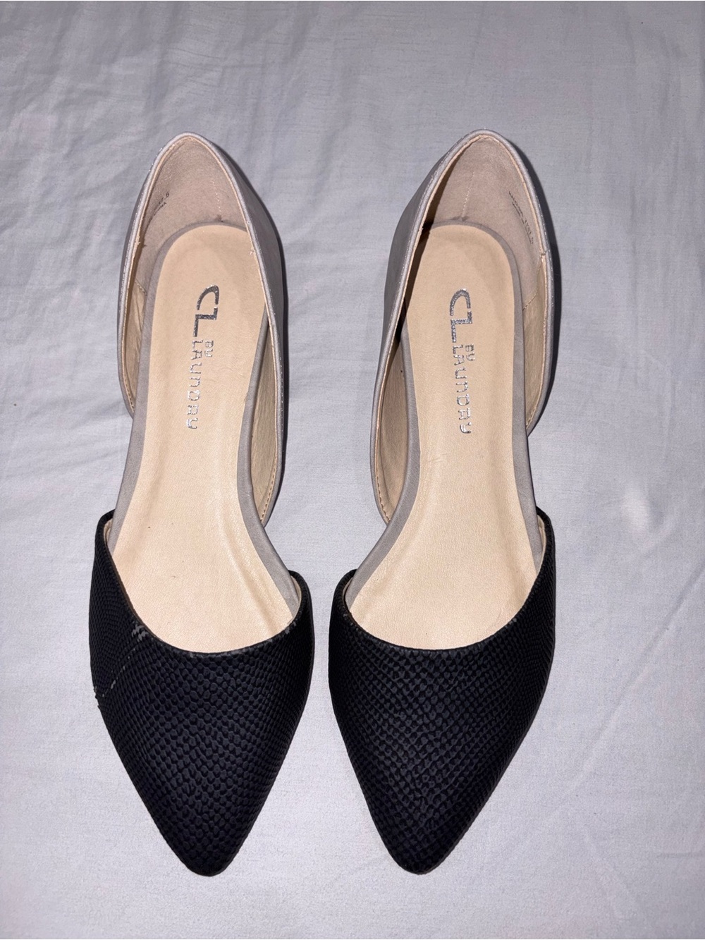 CL by Chinese Laundry Two-Tone Black and Gray Pointed D'Orsay Flats